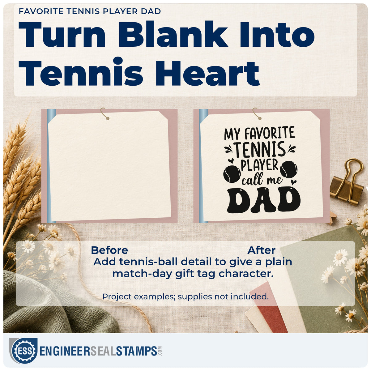 Before and after of a plain item finished with the Vintage Pro Favorite Tennis Player Dad Premium Wooden Stamp, a quick upgrade for framed study desk.