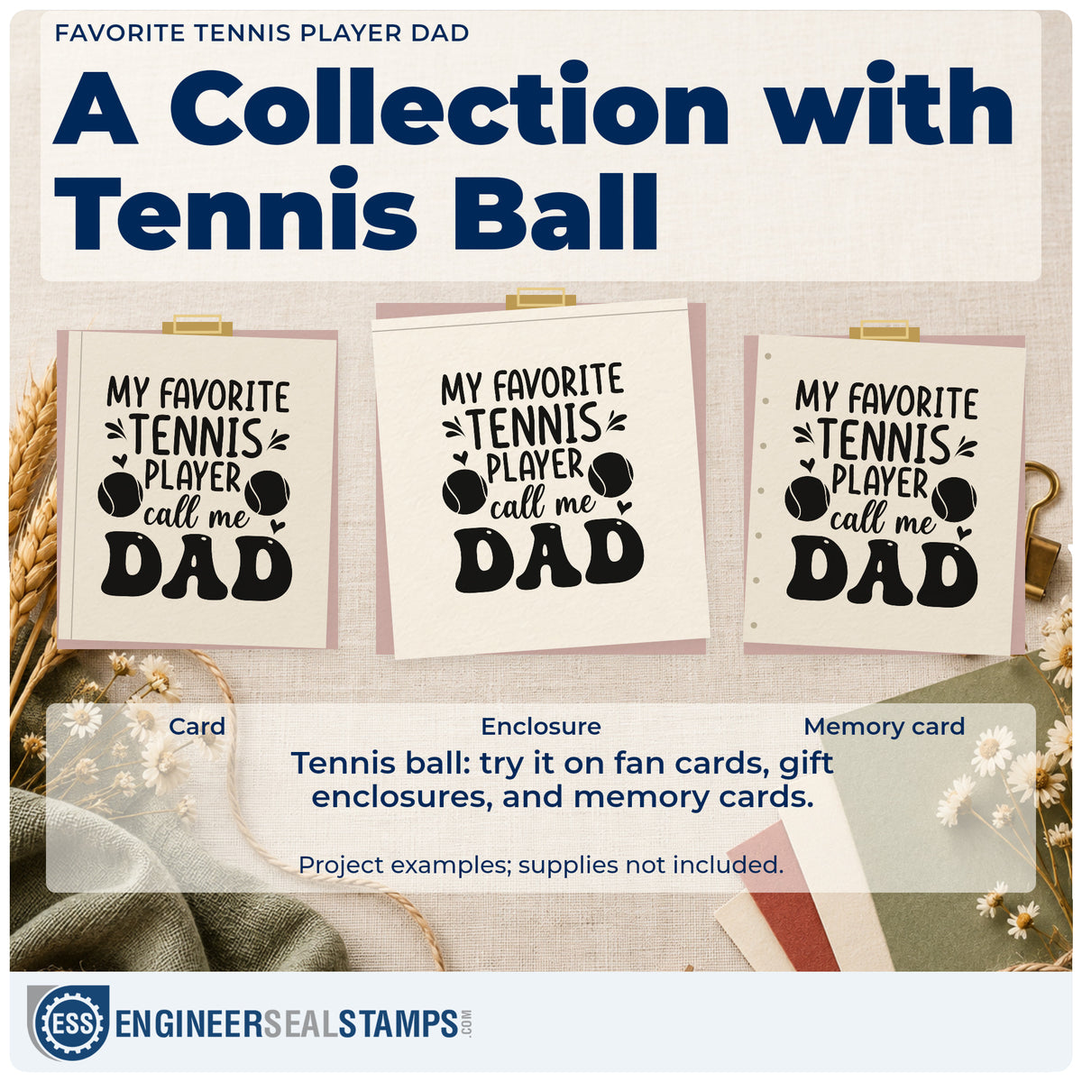 Three project examples made with the Favorite Tennis Player Dad Rubber Stamp – Duo Hand, including file index sheet.