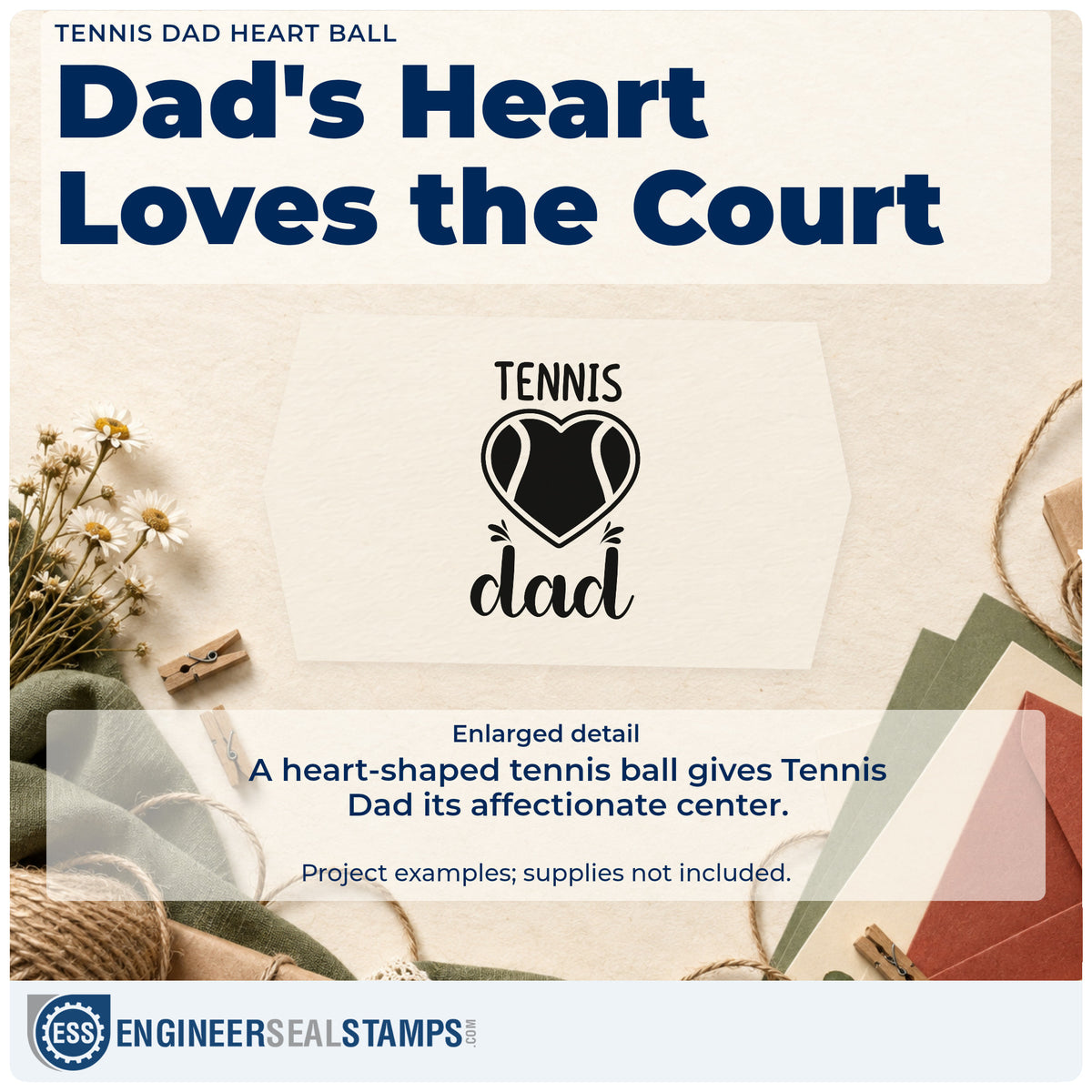 Enlarged detail of the Dad Tennis Heart Lettering Hand Stamp – Duo imprint. TENNIS dad surrounds a heart-shaped tennis ball with small accent strokes.