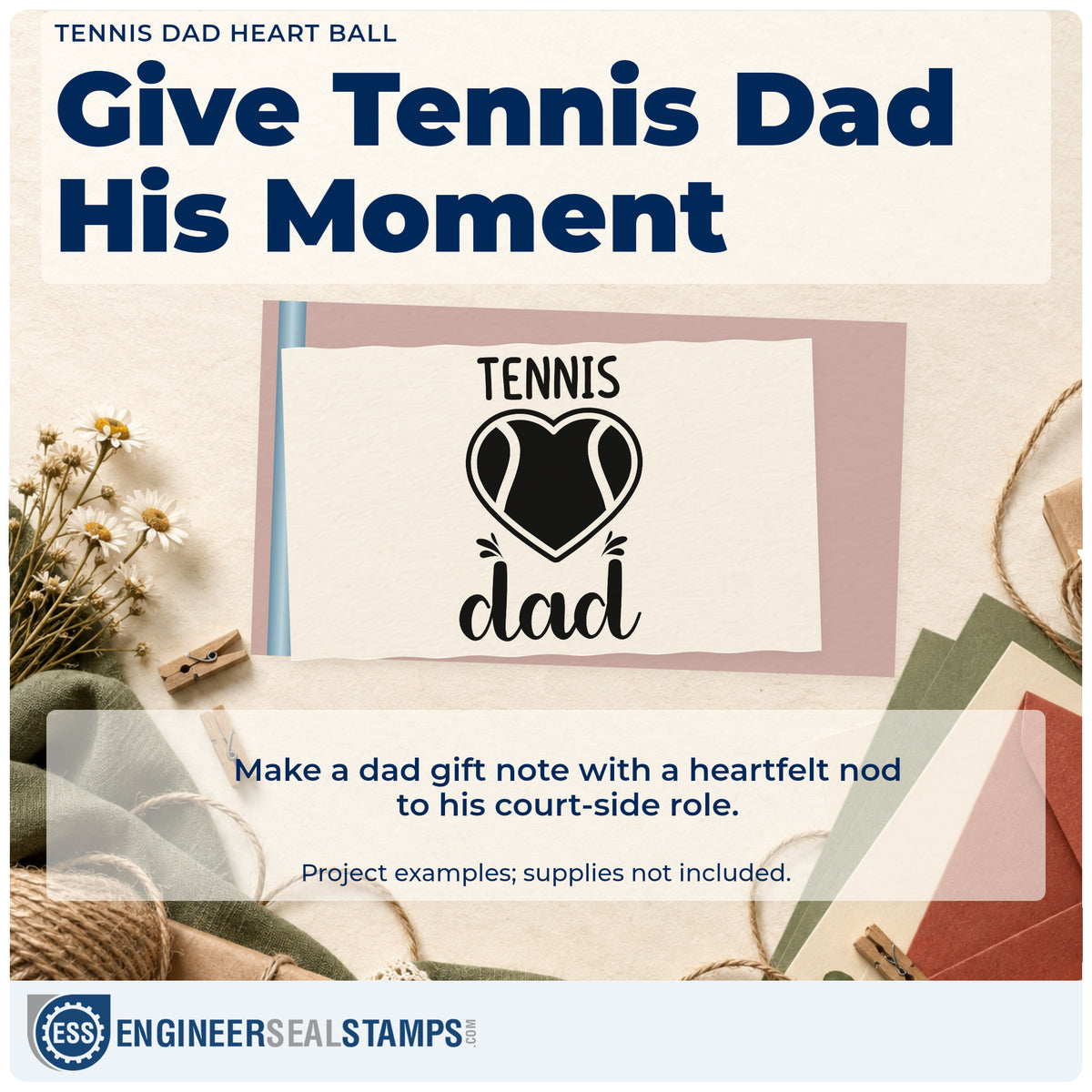 A finished handmade project stamped with the Dad Tennis Heart Lettering Stamp – Slim Pre-Inked, ideal for coaching album page.