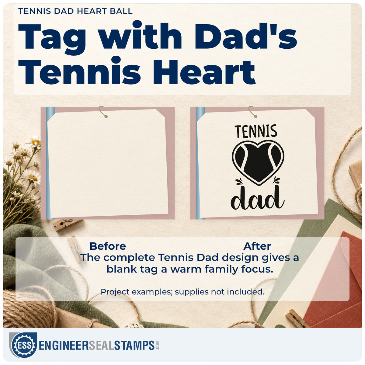 Before and after of a plain item finished with the Dad Tennis Heart Lettering Stamp – Slim Pre-Inked, a quick upgrade for framed garage shelf.
