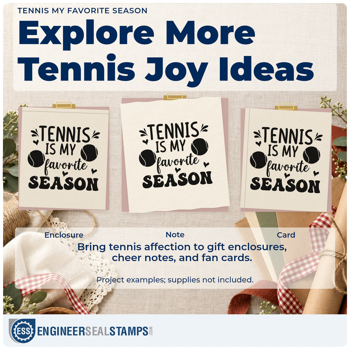 Three project examples made with the Tennis My Favorite Season Hand Stamp – Duo, including season plan sheet.
