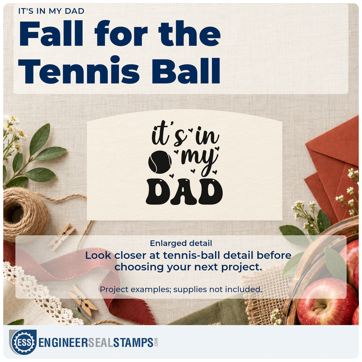 Enlarged detail of the Tennis Ball And Hearts With Dad Lettering Stamp – Wood Handle imprint. it's in my DAD appears with a tennis ball and scattered small hearts.
