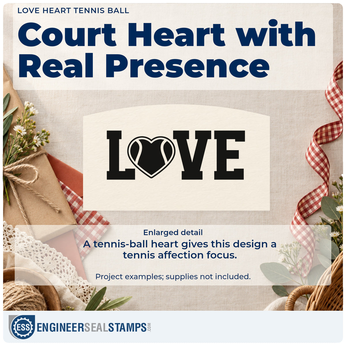 Enlarged detail of the Love With Heart-Shaped Tennis Ball Duo Hand Stamp imprint. LOVE uses a heart-shaped tennis ball in place of the O.