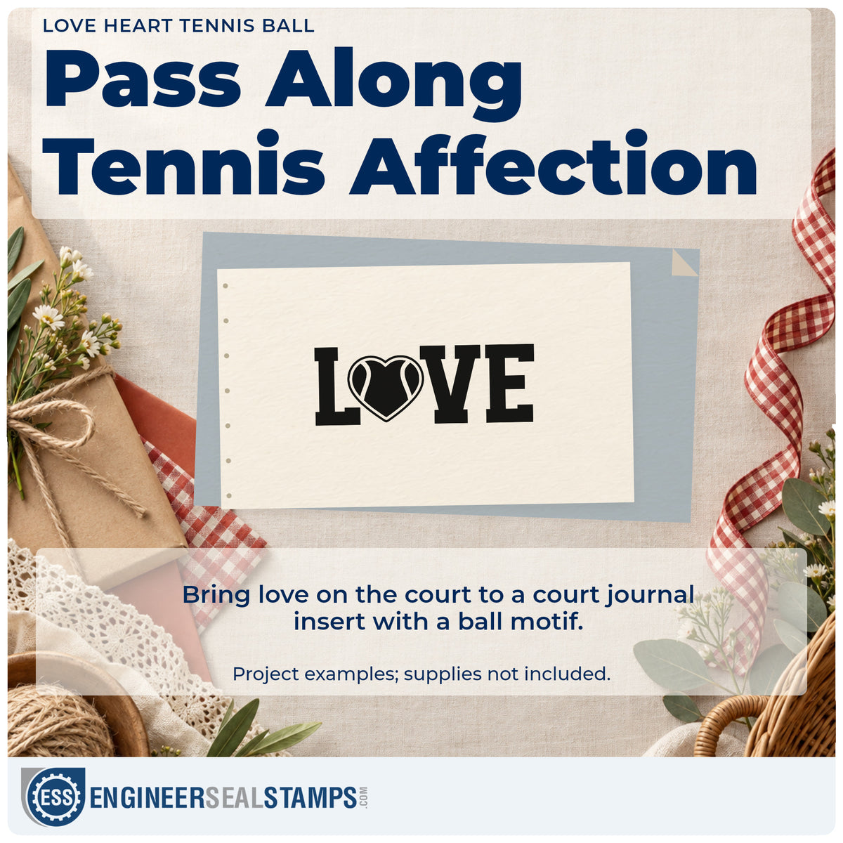 A finished handmade project stamped with the Love With Heart-Shaped Tennis Ball Slim Pre-Inked Stamp, ideal for anniversary album page.