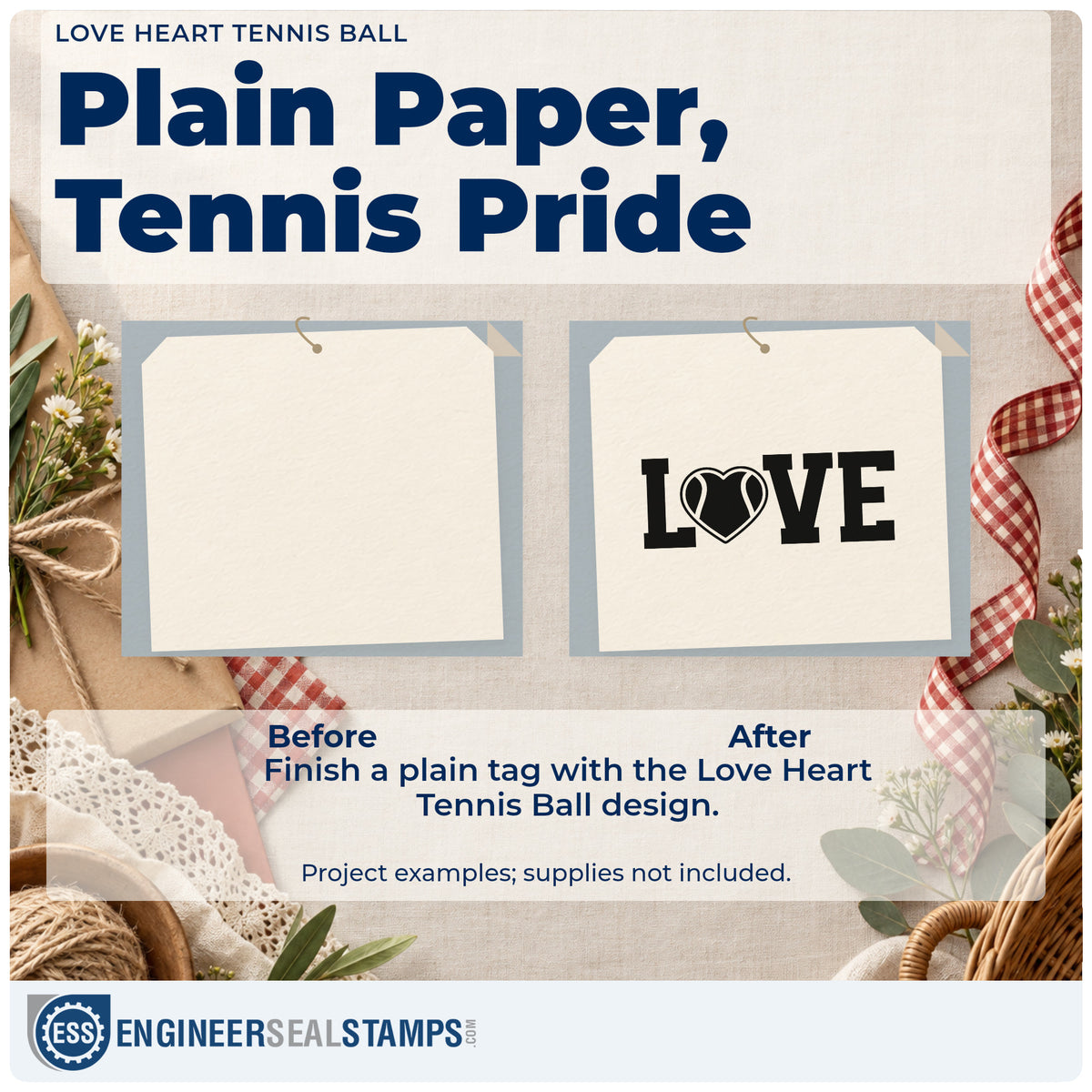 Before and after of a plain item finished with the Love With Heart-Shaped Tennis Ball Slim Pre-Inked Stamp, a quick upgrade for framed club terrace.