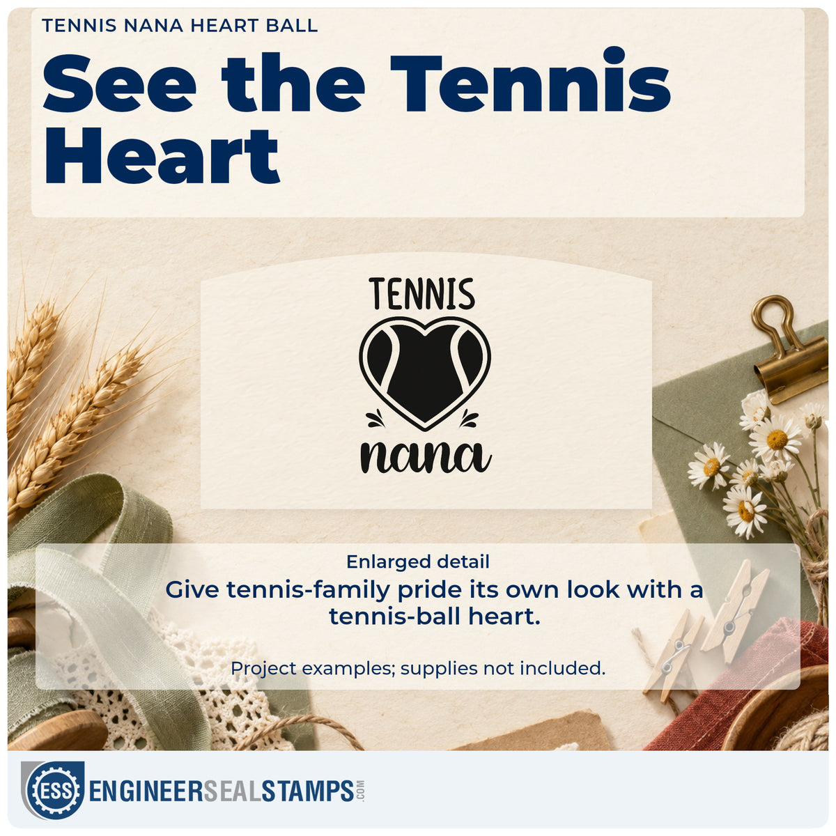 Enlarged detail of the Slim Pre-Inked Tennis Nana Heart Ball Stamp imprint. TENNIS nana surrounds a heart-shaped tennis ball with small accent strokes.