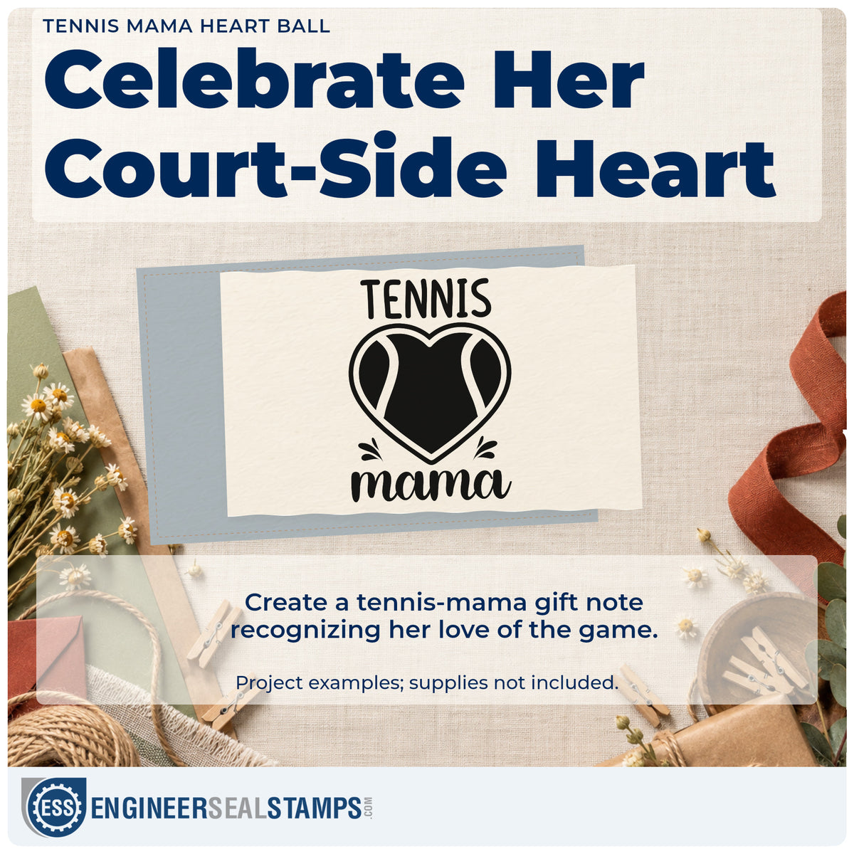 A finished handmade project stamped with the Tennis Mama Heart Ball Premium Wooden Stamp – Vintage Pro, ideal for kit care album page.