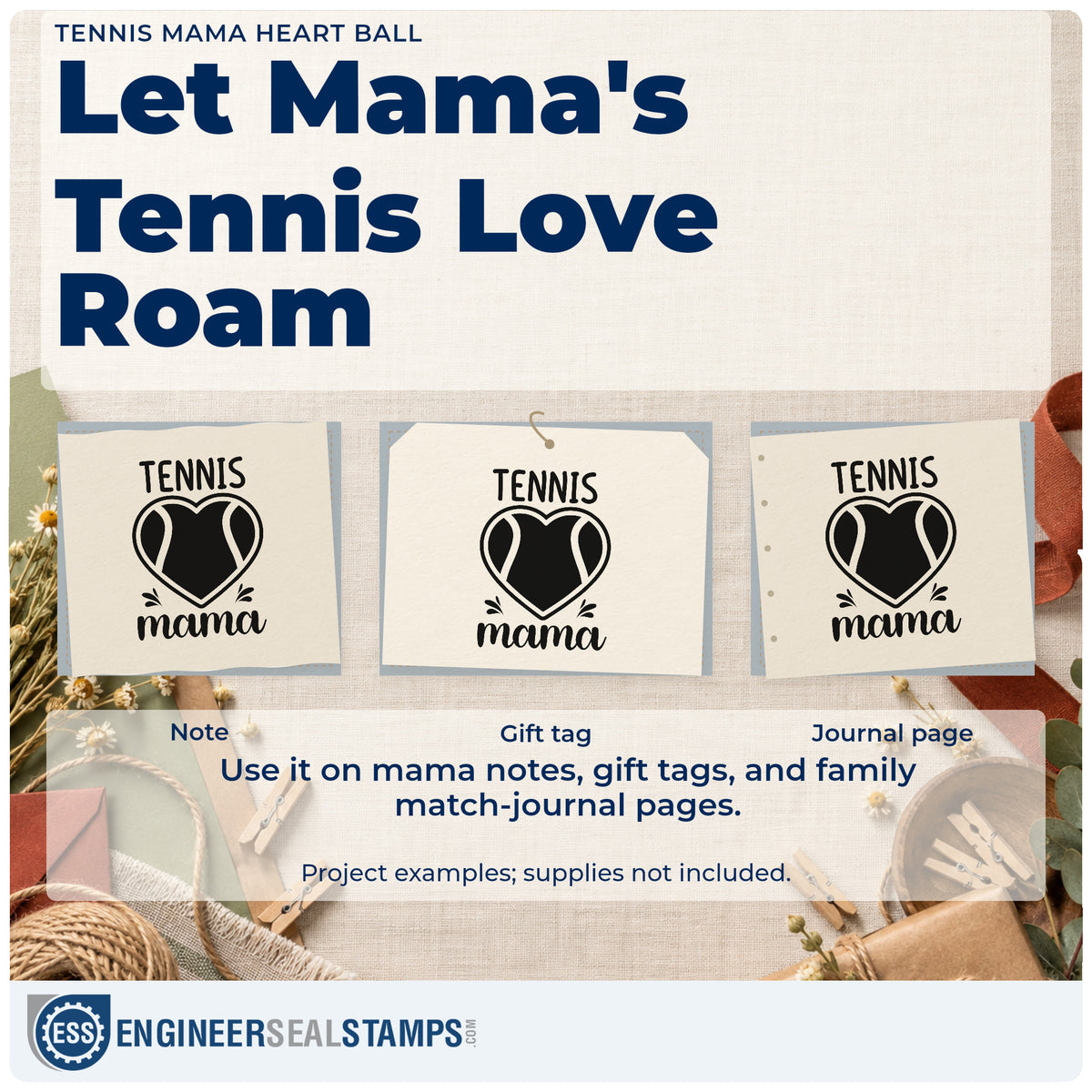 Three project examples made with the Tennis Mama Heart Ball Slim Pre-Inked Stamp, including wash rota sheet.