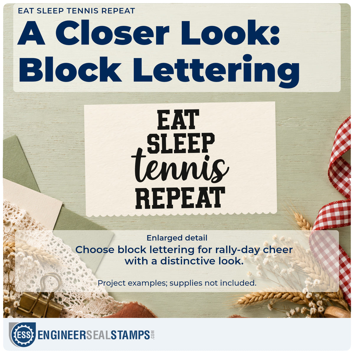 Enlarged detail of the Eat Sleep Tennis Repeat Premium Wood-Mounted Stamp – Vintage Pro imprint. EAT SLEEP tennis REPEAT appears in bold athletic capitals and script.