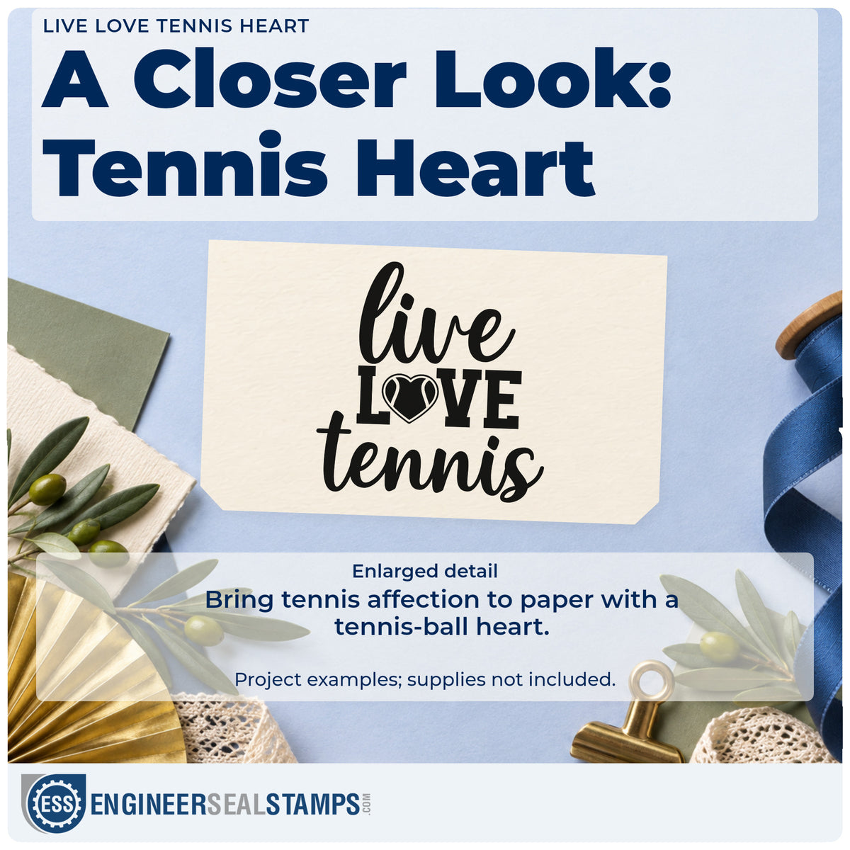 Enlarged detail of the Live Love Tennis Heart Slim Pre-Inked Stamp imprint. live LOVE tennis uses a heart-shaped tennis ball in place of the O.