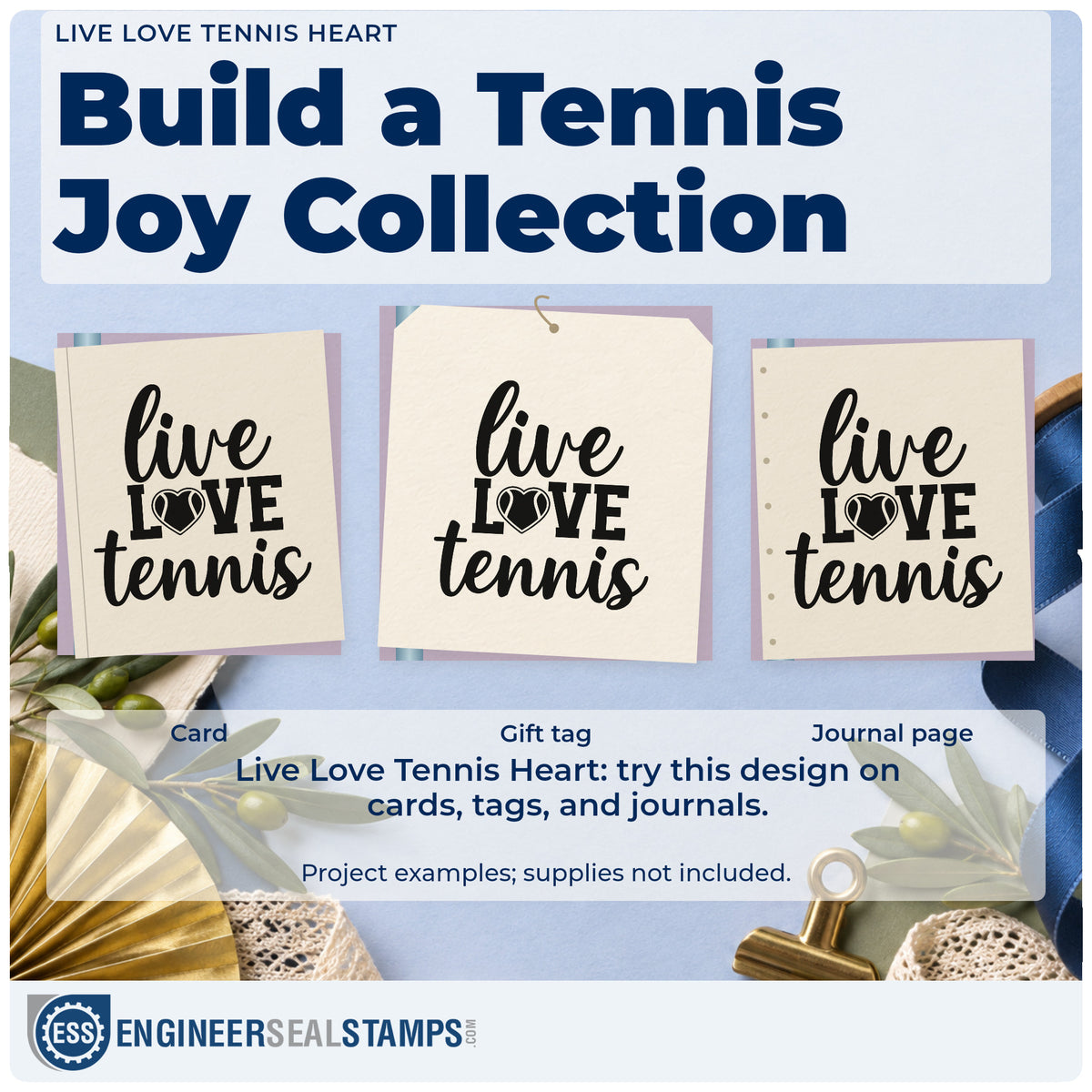 Three project examples made with the Live Love Tennis Heart Slim Pre-Inked Stamp, including notice rota sheet.