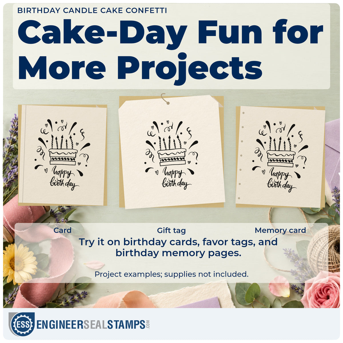Three project examples made with the Birthday Candle Cake Confetti Rubber Stamp – Duo Hand, including birthday list sheet.