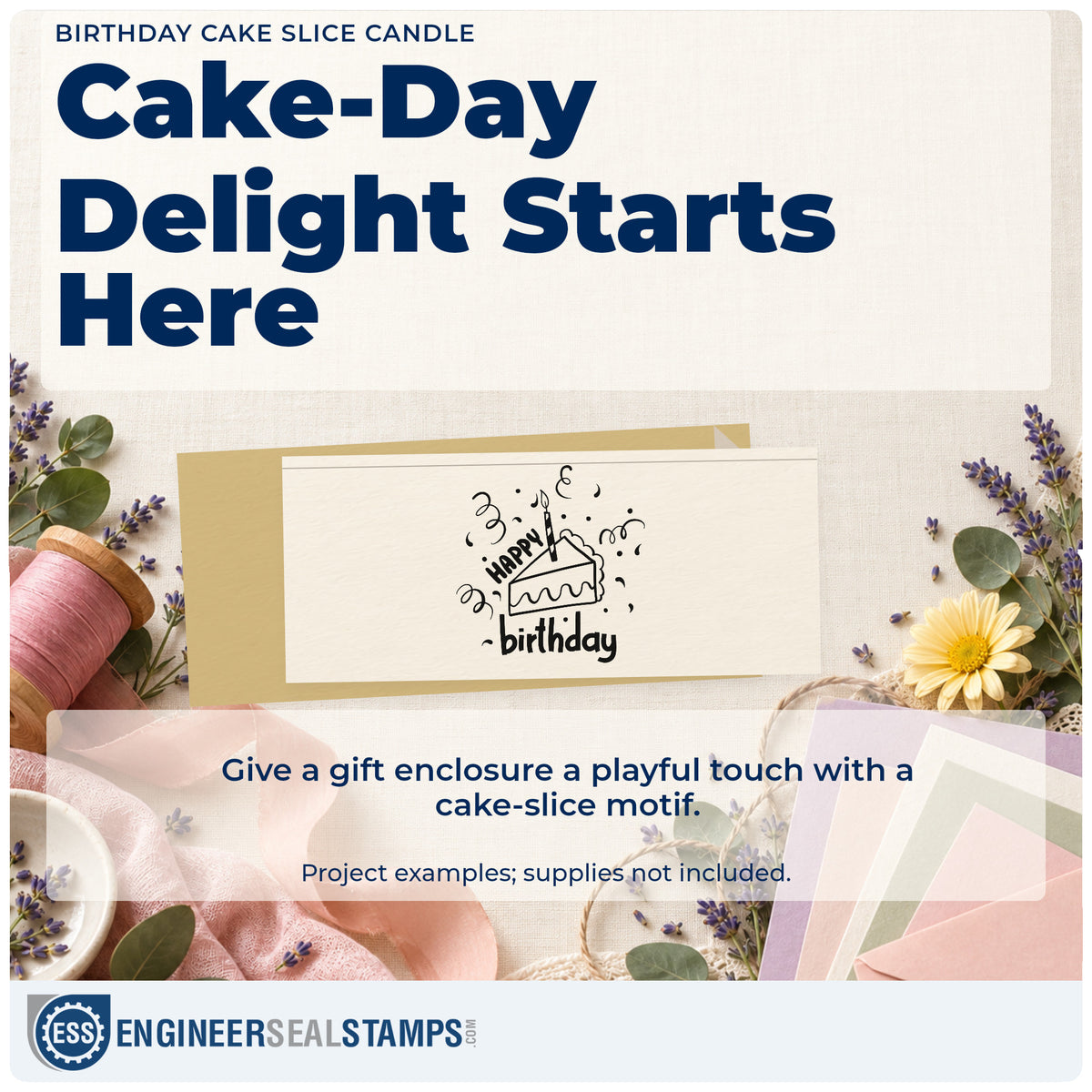 A finished handmade project stamped with the Birthday Cake Slice Candle Wood Handle Stamp, ideal for brunch album page.