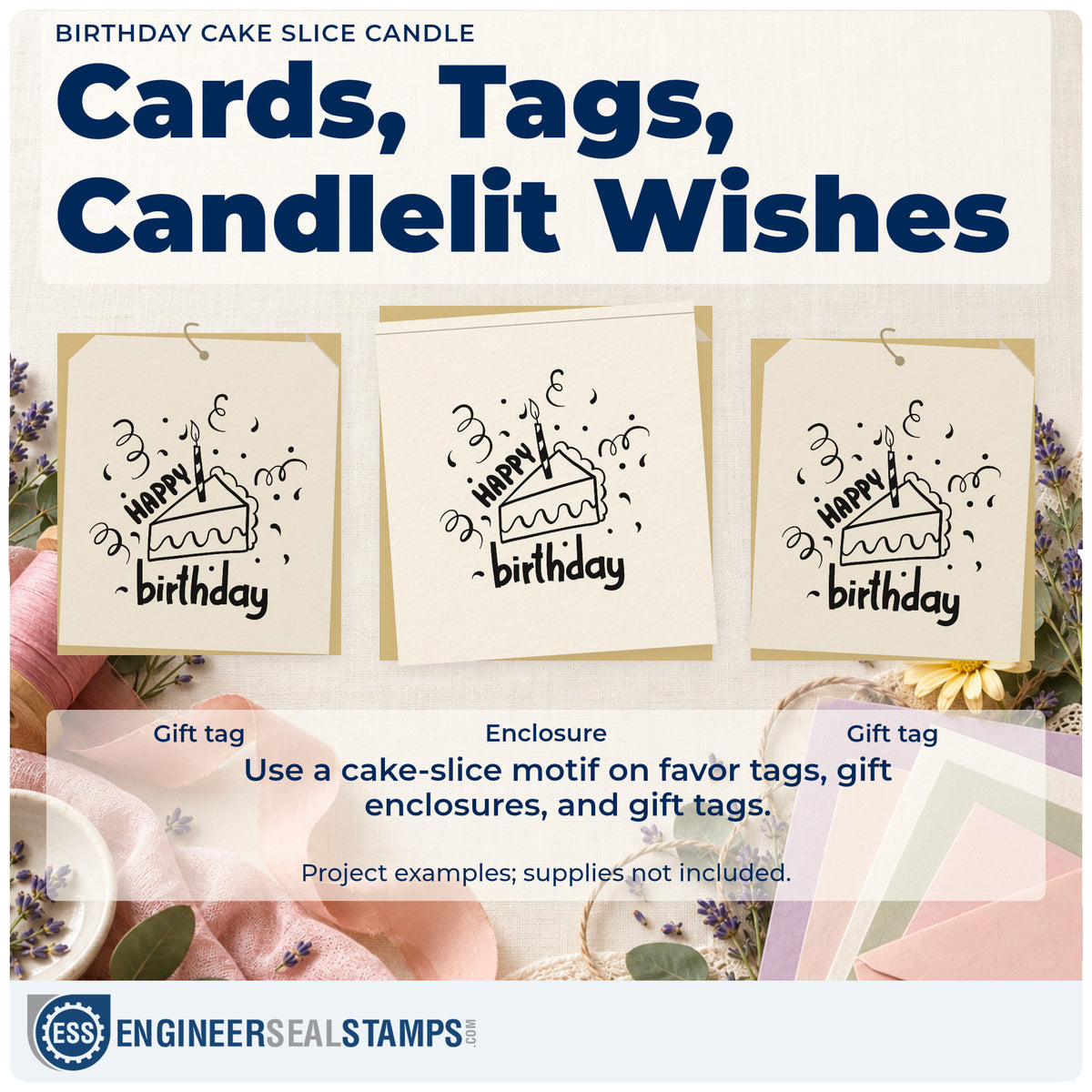 Three project examples made with the Birthday Cake Slice Candle Wood Handle Stamp, including brunch menu sheet.
