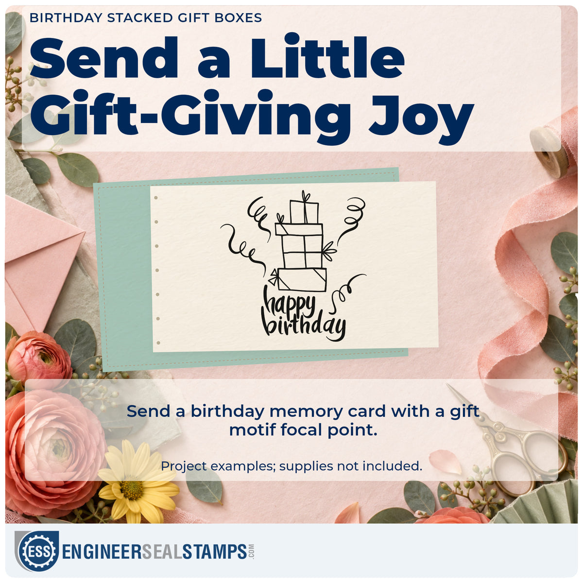 A finished handmade project stamped with the Birthday Stacked Gift Boxes Rubber Stamp – Duo Hand, ideal for wish year album page.