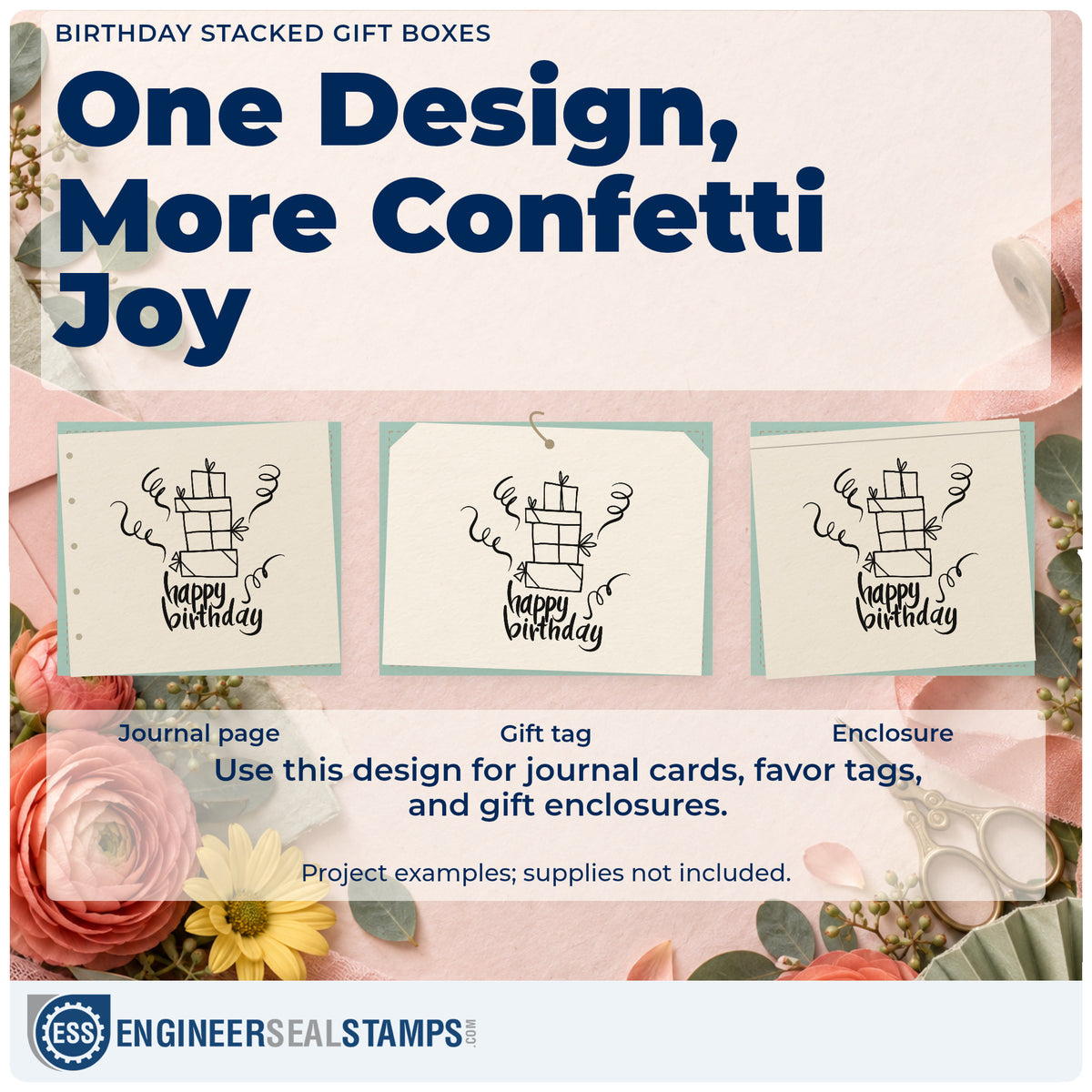 Three project examples made with the Birthday Stacked Gift Boxes Rubber Stamp – Duo Hand, including wish list sheet.