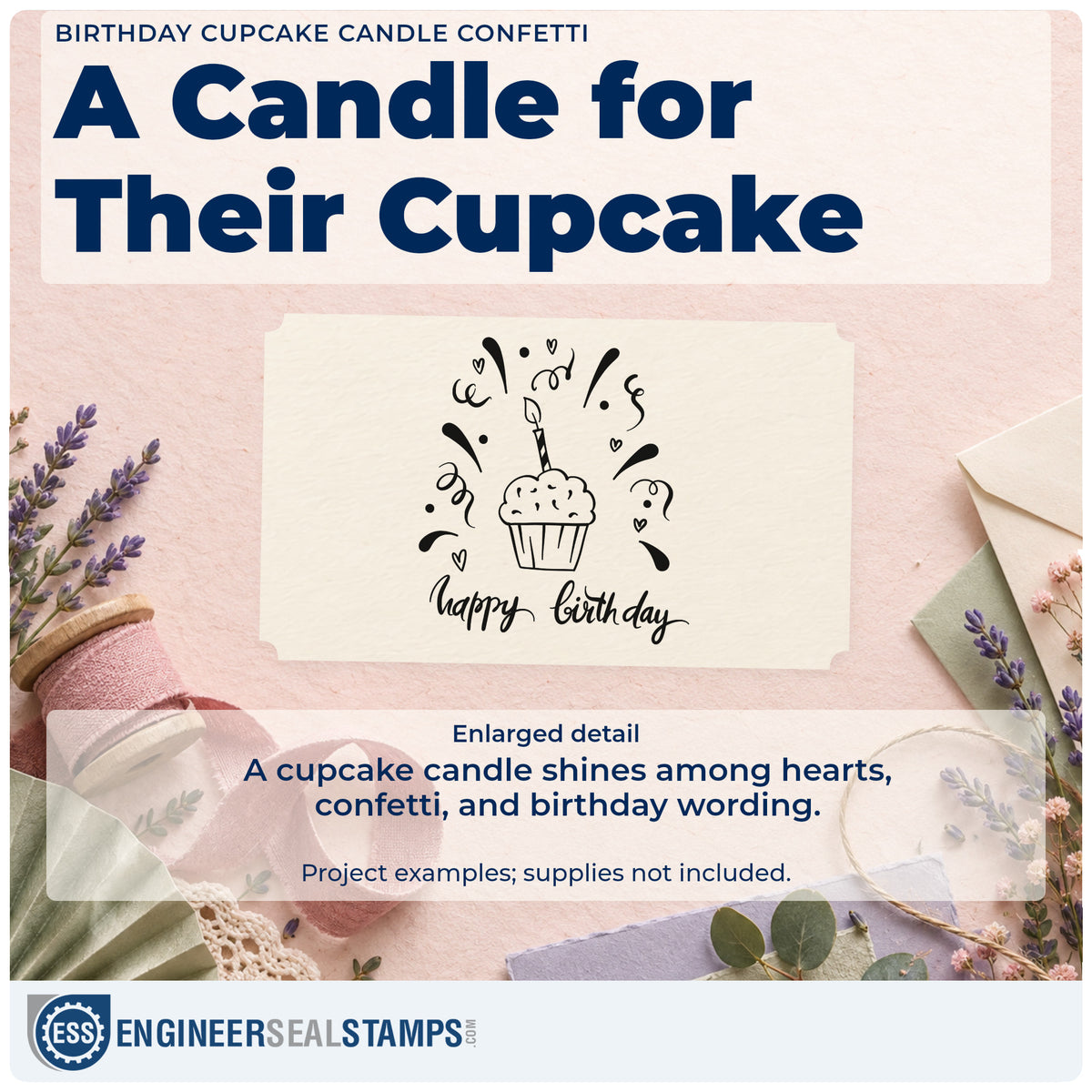 Enlarged detail of the Birthday Cupcake Candle Confetti With Hearts Pre-Inked Stamp – PSI imprint. A candle-topped cupcake appears above happy birthday amid hearts and confetti.