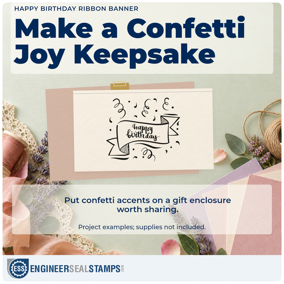 A finished handmade project stamped with the Happy Birthday Ribbon Banner Confetti Stamp – PSI Pre-Inked, ideal for design year album page.