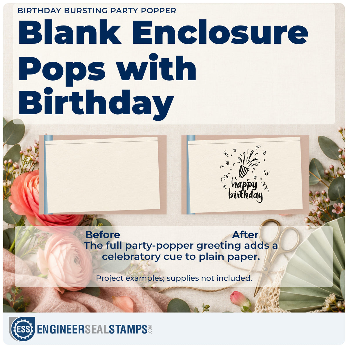 Before and after of a plain item finished with the Vintage Pro Birthday Bursting Party Popper Premium Wooden Stamp, a quick upgrade for framed kitchen shelf.