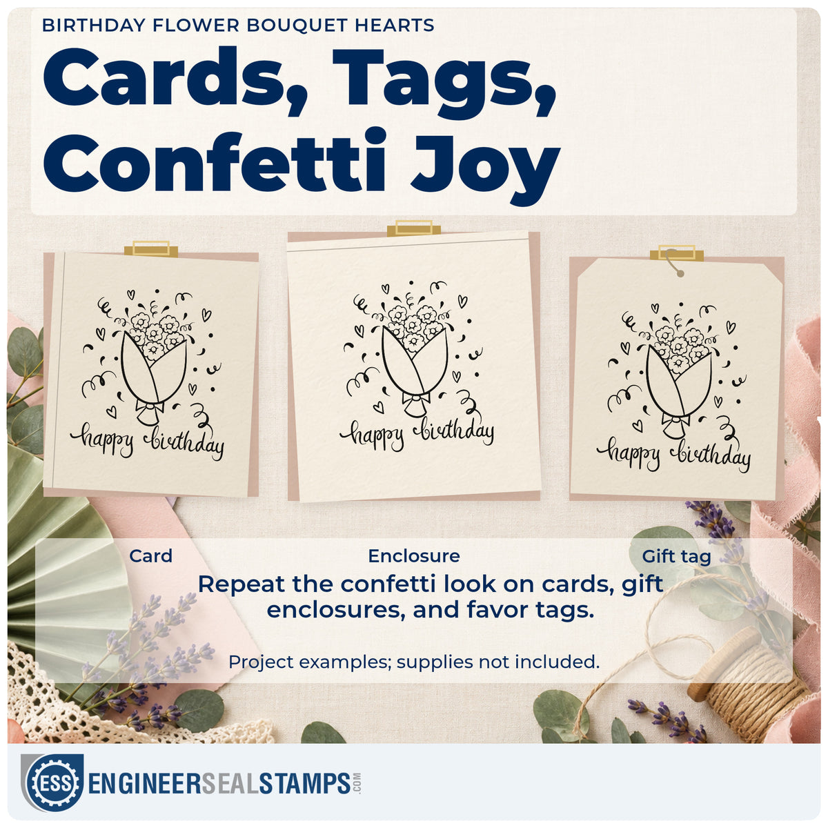 Three project examples made with the Birthday Flower Bouquet Hearts Rubber Stamp – Duo Hand, including tea menu sheet.