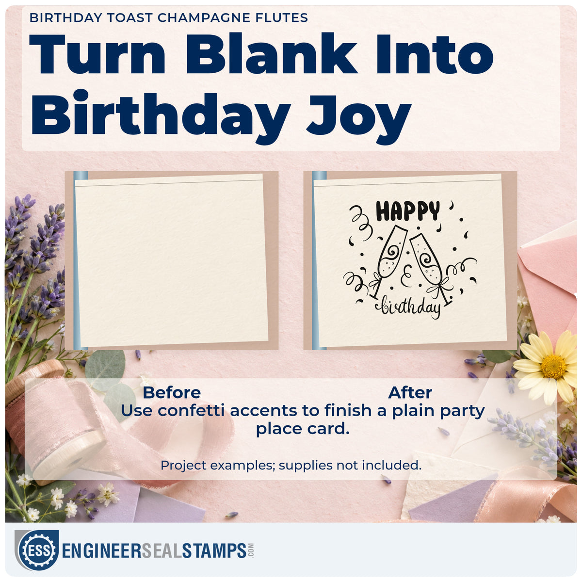 Before and after of a plain item finished with the Birthday Toast Champagne Flutes Pre-Inked Stamp – Slim, a quick upgrade for framed entry table.