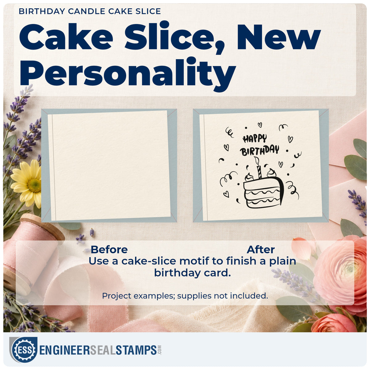Before and after of a plain item finished with the Birthday Candle Cake Slice With Hearts Rubber Stamp – Duo Hand, a quick upgrade for framed pass window.