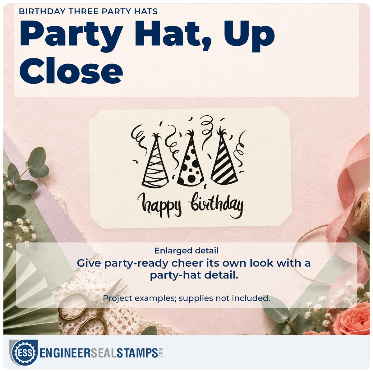 Enlarged detail of the Three Patterned Birthday Party Hats Duo Hand Stamp imprint. Three patterned party hats sit above happy birthday surrounded by curling streamers.