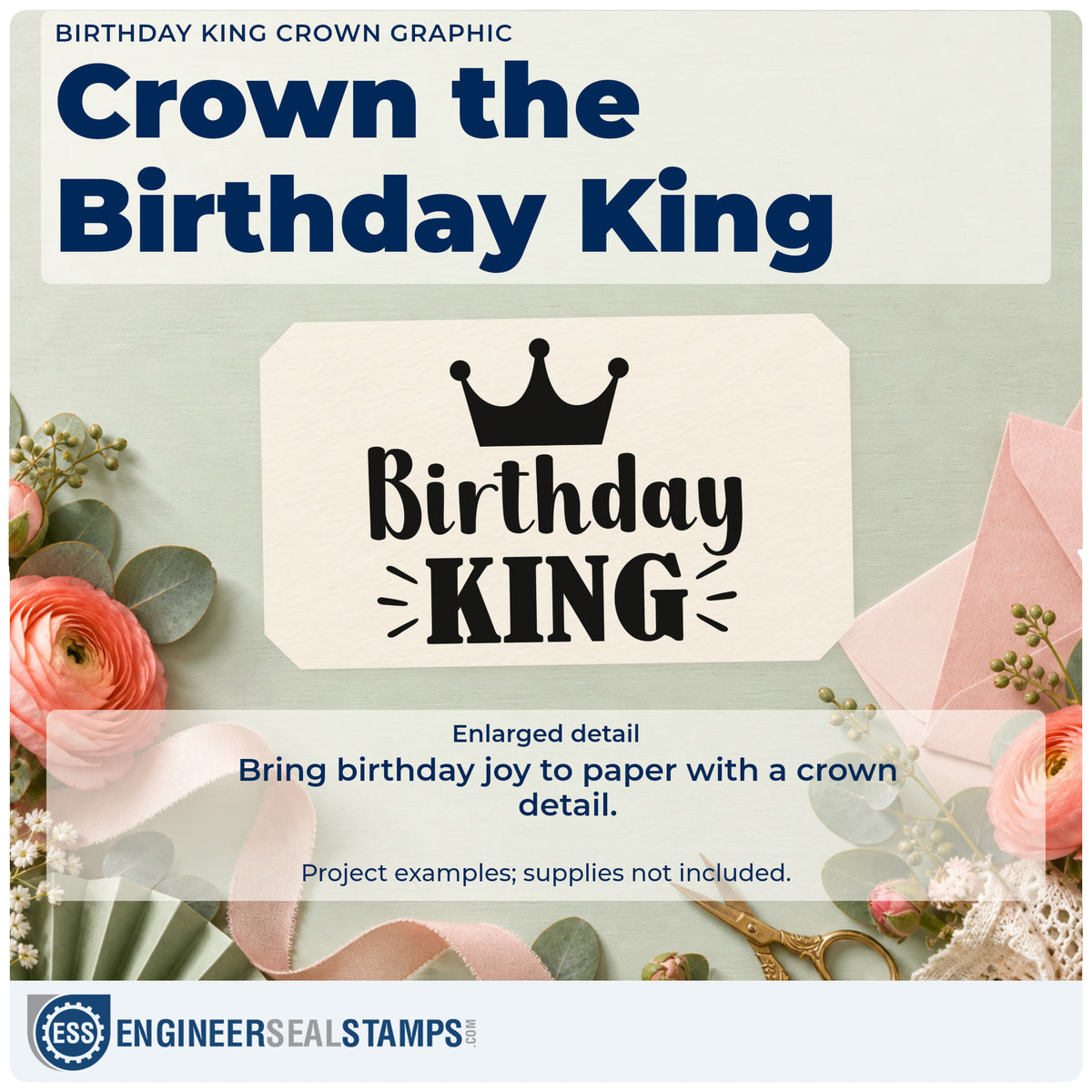 Enlarged detail of the Birthday King Crown Rays Wood-Mounted Rubber Stamp imprint. A crown sits above Birthday KING with small accent strokes.