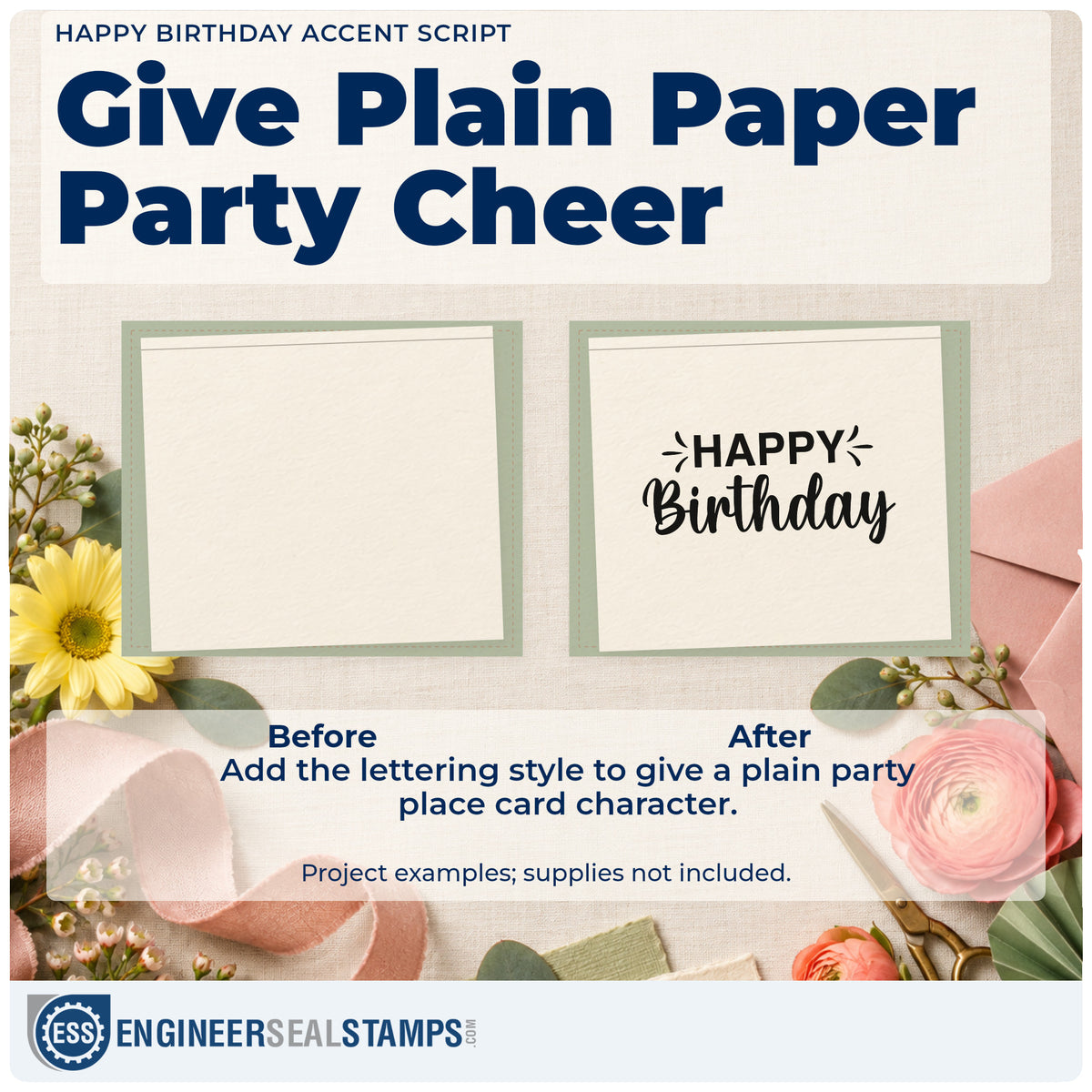 Before and after of a plain item finished with the Duo Hand Happy Birthday Accent Script Lettering Rubber Stamp, a quick upgrade for framed studio entry.