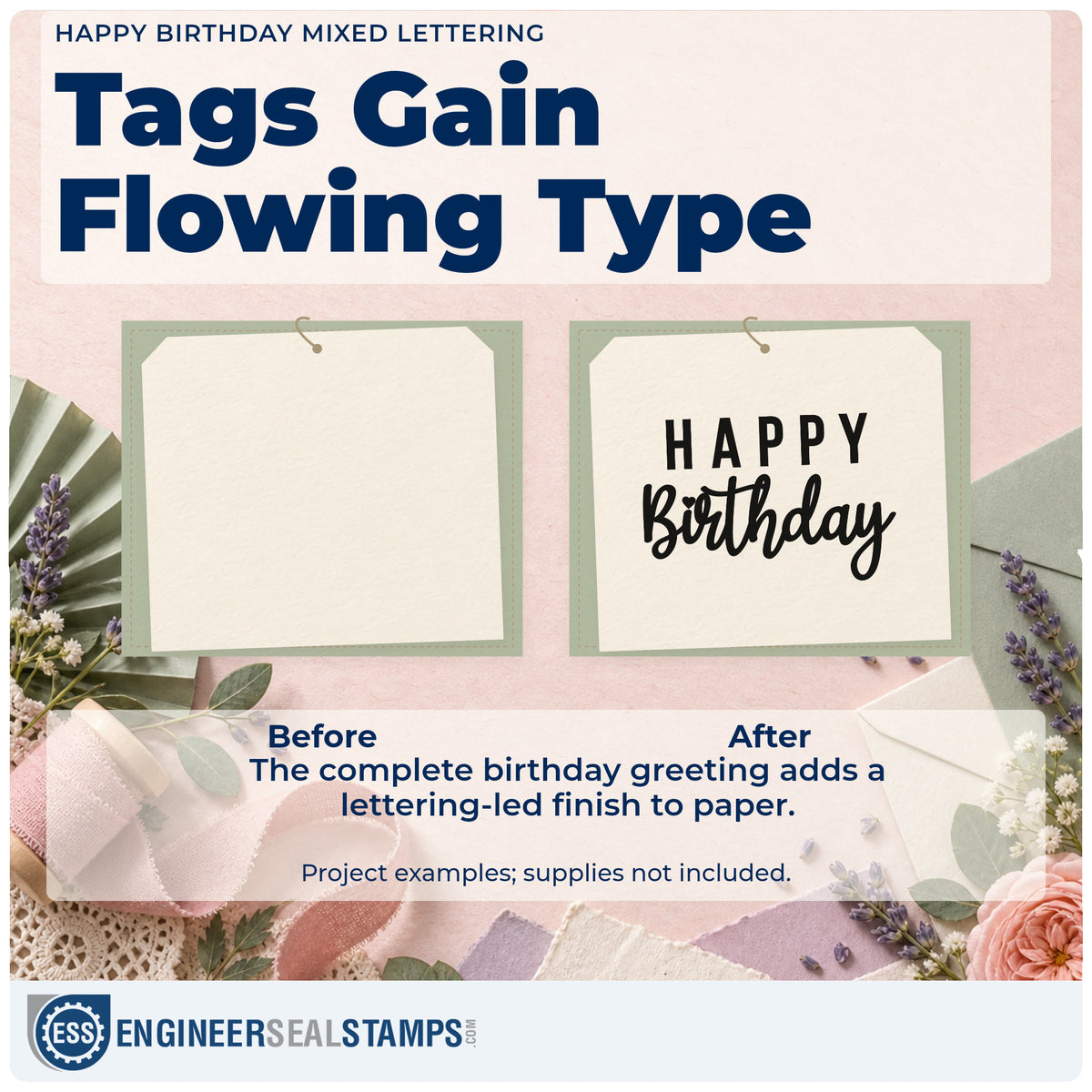 Before and after of a plain item finished with the Happy Birthday Mixed Word Art Slim Pre-Inked Stamp, a quick upgrade for framed meeting office.
