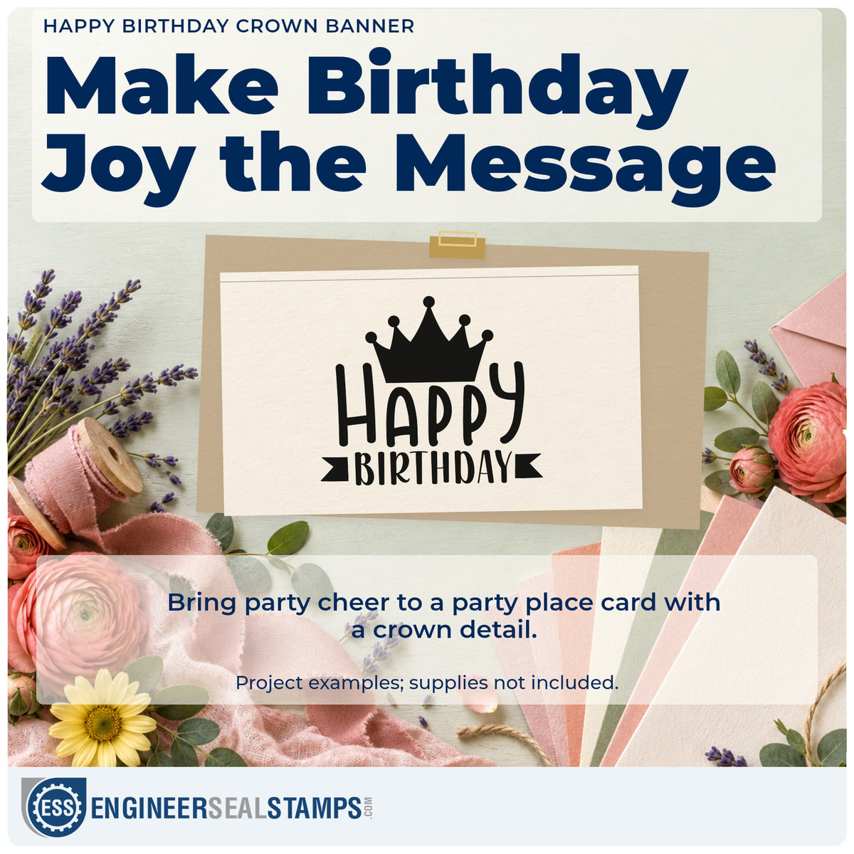 A finished handmade project stamped with the Happy Birthday Crown Banner Duo Hand Stamp, ideal for eightieth album page.