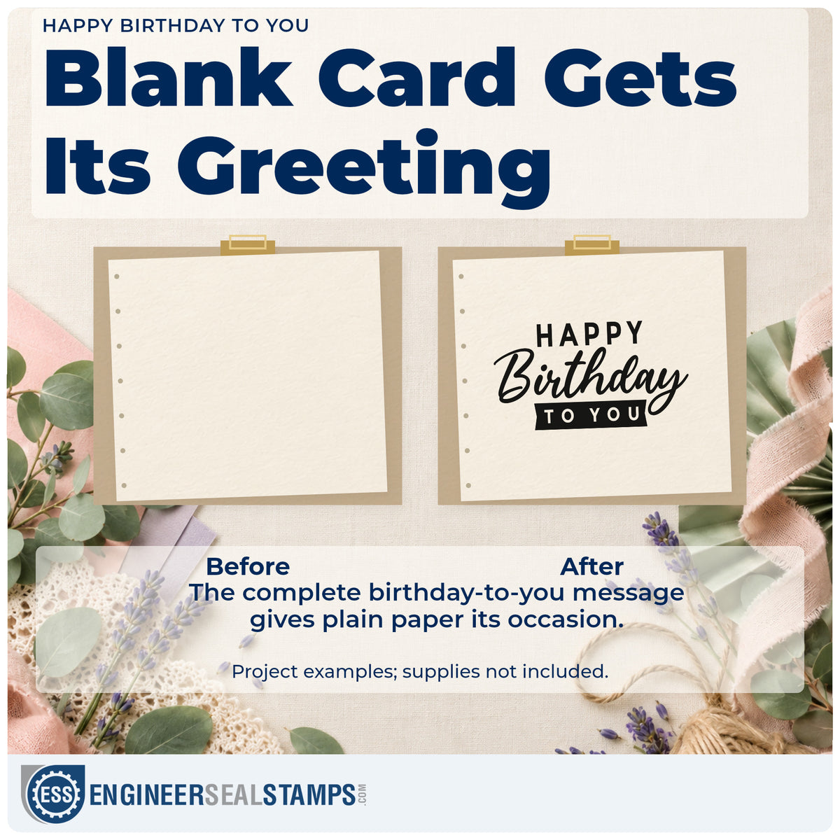 Before and after of a plain item finished with the Happy Birthday Rubber Stamp – Duo Hand, a quick upgrade for framed front porch.