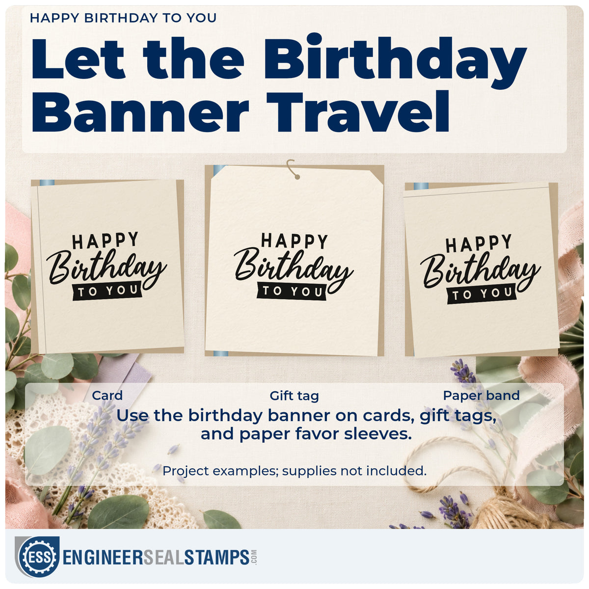 Three project examples made with the Happy Birthday Rubber Stamp – Duo Hand, including route plan sheet.