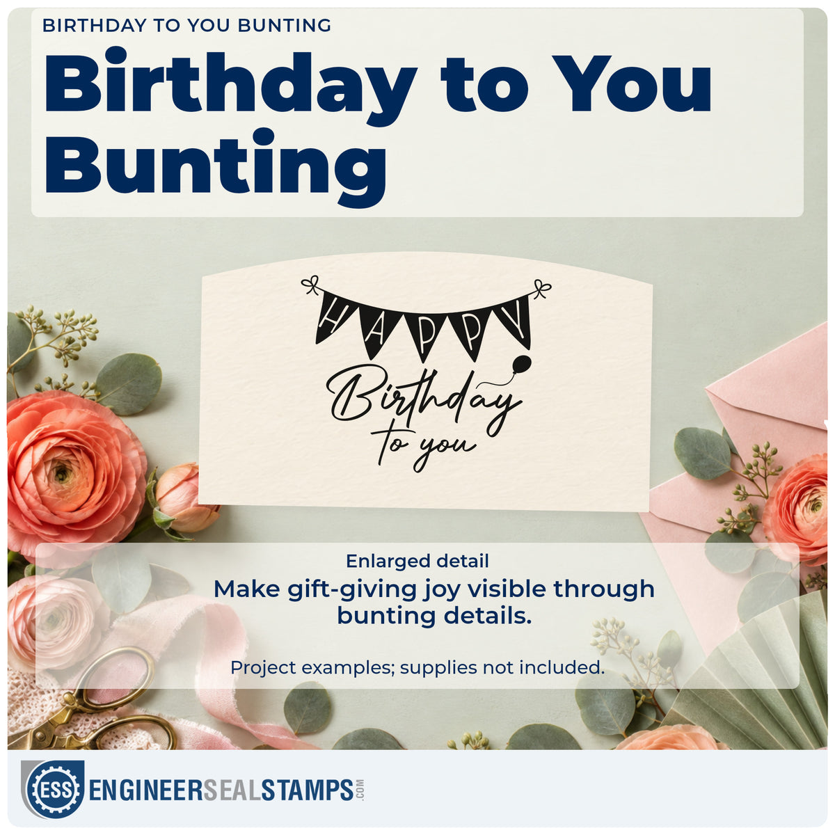Enlarged detail of the Birthday To You Bunting Rubber Stamp – Duo Hand imprint. HAPPY appears on triangular pennants above Birthday to you with a small balloon.