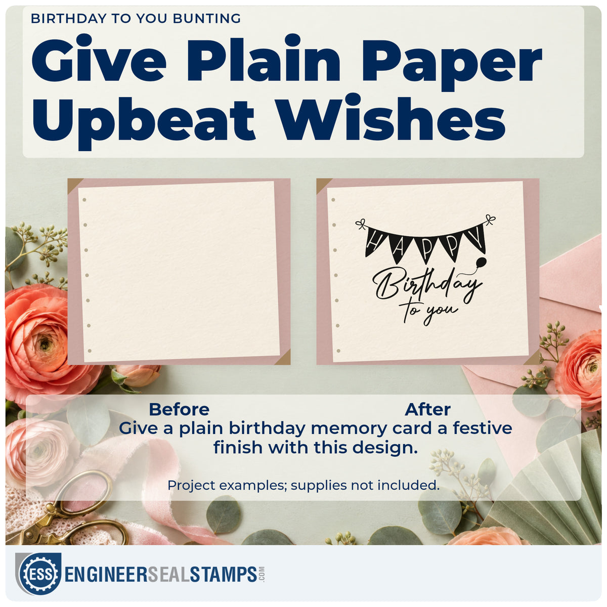 Before and after of a plain item finished with the Birthday To You Bunting Rubber Stamp – Duo Hand, a quick upgrade for framed sign in table.