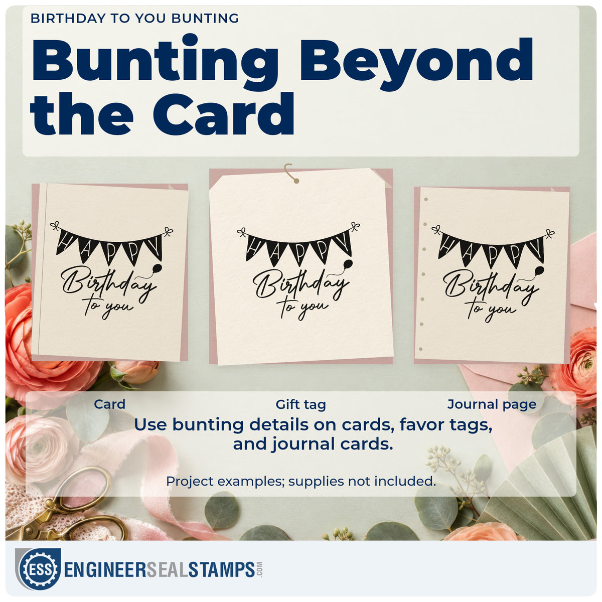 Three project examples made with the Birthday To You Bunting Premium Wood-Mounted Stamp – Vintage Pro, including birthday chart sheet.