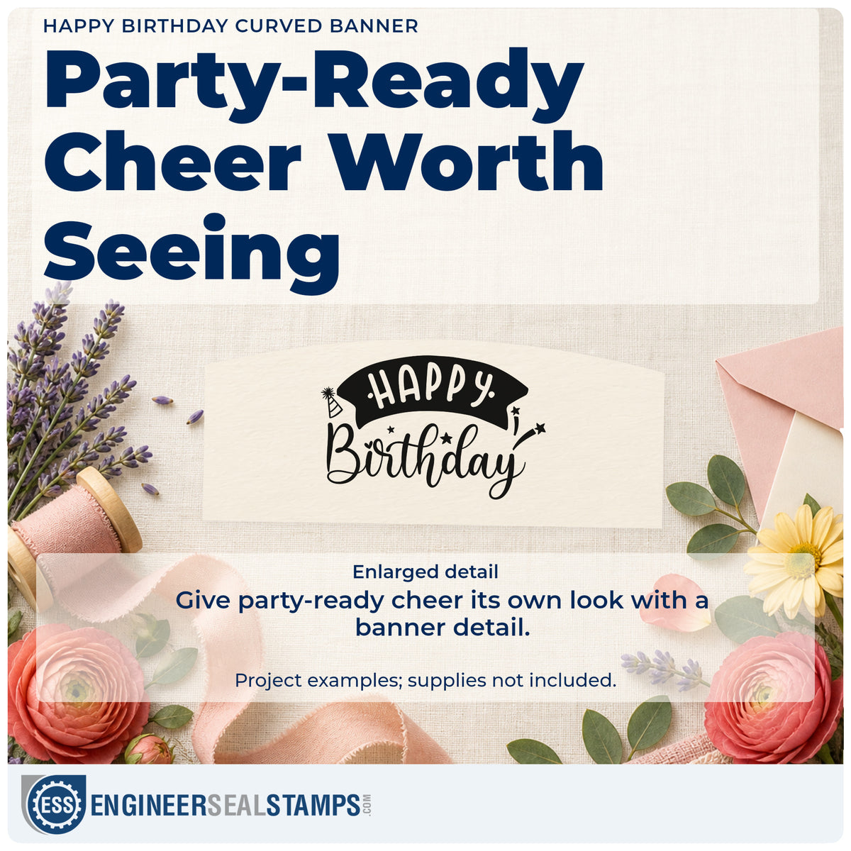 Enlarged detail of the Happy Birthday Curved Banner Premium Wooden Stamp – Vintage Pro imprint. HAPPY appears inside a curved dark banner above Birthday with tiny party accents.
