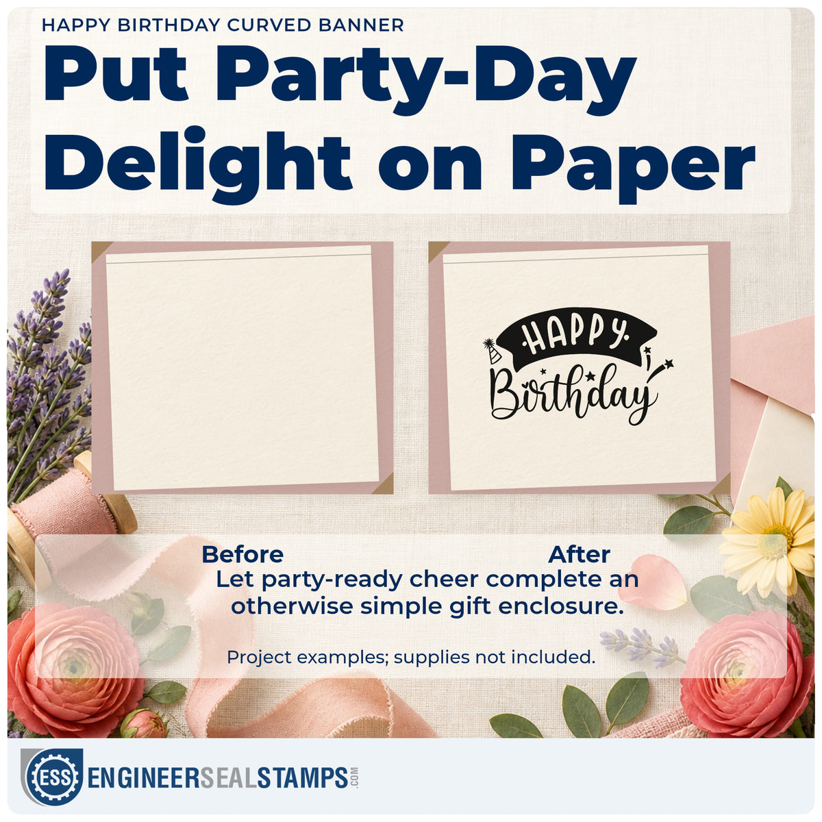 Before and after of a plain item finished with the Happy Birthday Curved Banner Premium Wooden Stamp – Vintage Pro, a quick upgrade for framed packing corner.