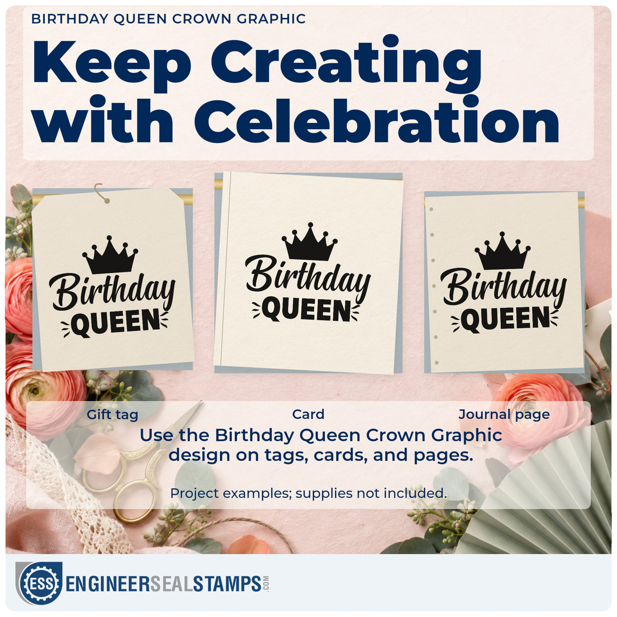 Three project examples made with the Crowned Birthday Queen Accent Lines Compact Pre-Inked Stamp – Slim, including day plan sheet.