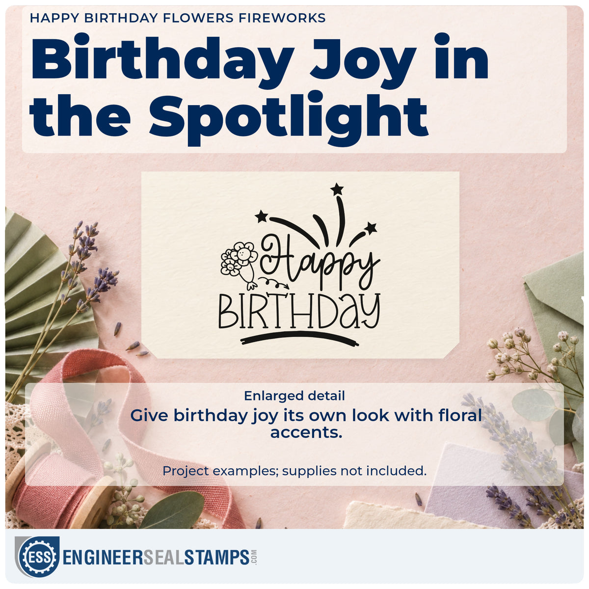 Enlarged detail of the Happy Birthday Flowers Fireworks Wood-Mounted Rubber Stamp imprint. Happy BIRTHDAY appears with a small flower bouquet and shooting-star fireworks.