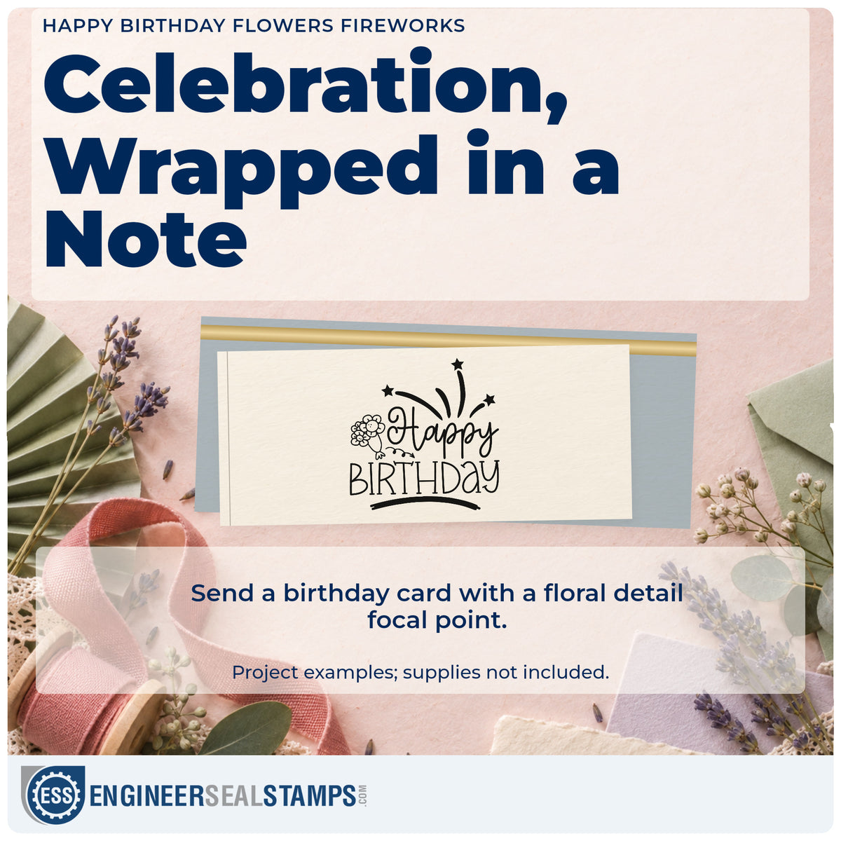 A finished handmade project stamped with the Happy Birthday Flowers Fireworks Premium Wood-Mounted Stamp – Vintage Pro, ideal for subscription album page.