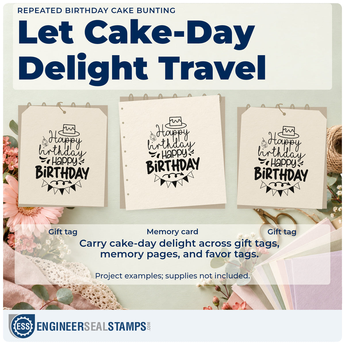 Three project examples made with the Repeated Birthday Cake Bunting Hand Stamp – Duo, including event book sheet.