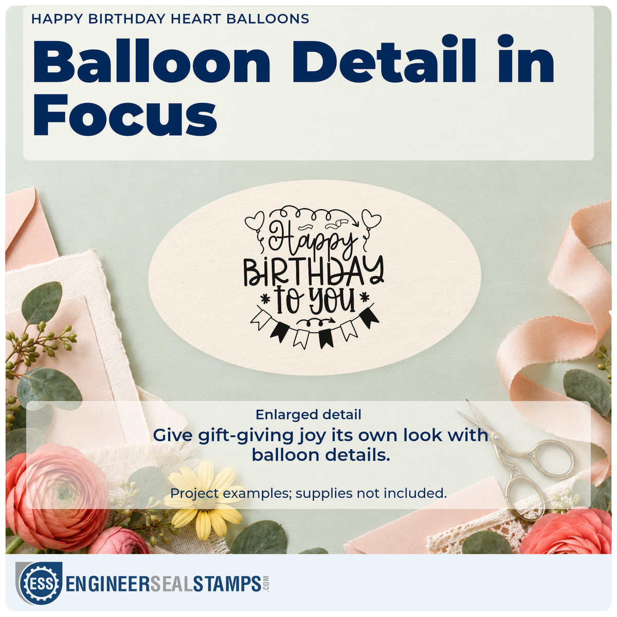 Enlarged detail of the Happy Birthday Heart Balloons Bunting Pre-Inked Stamp – PSI imprint. Happy BIRTHDAY TO YOU appears with two heart balloons, a curled top line, and bunting.