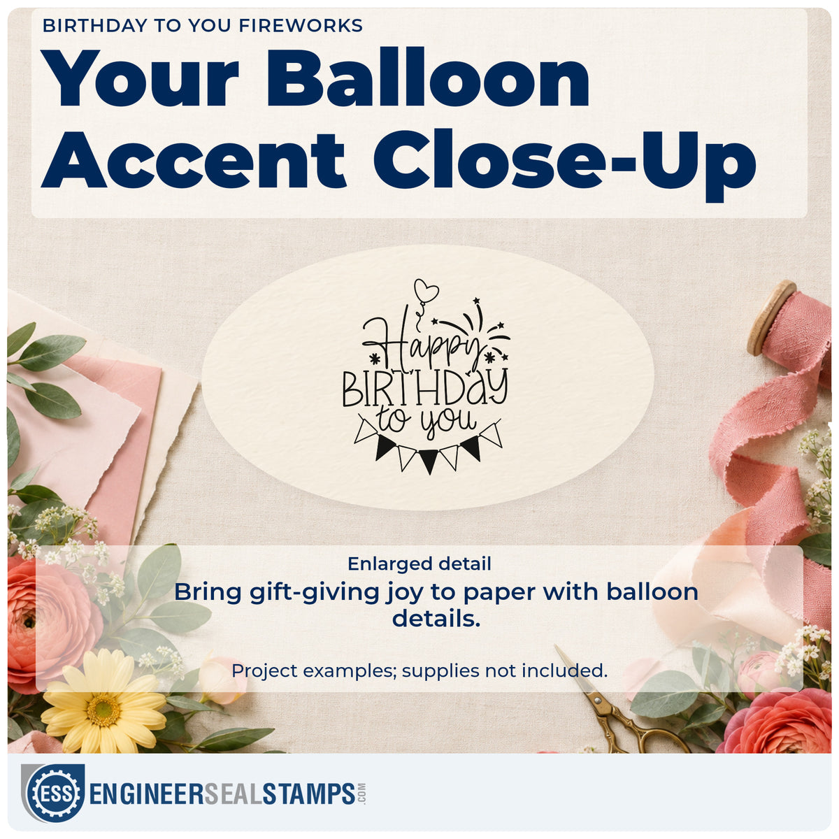 Enlarged detail of the Birthday To You Fireworks Rubber Stamp – Wood Handle imprint. Happy BIRTHDAY to you appears with a heart balloon, fireworks, and triangular bunting.
