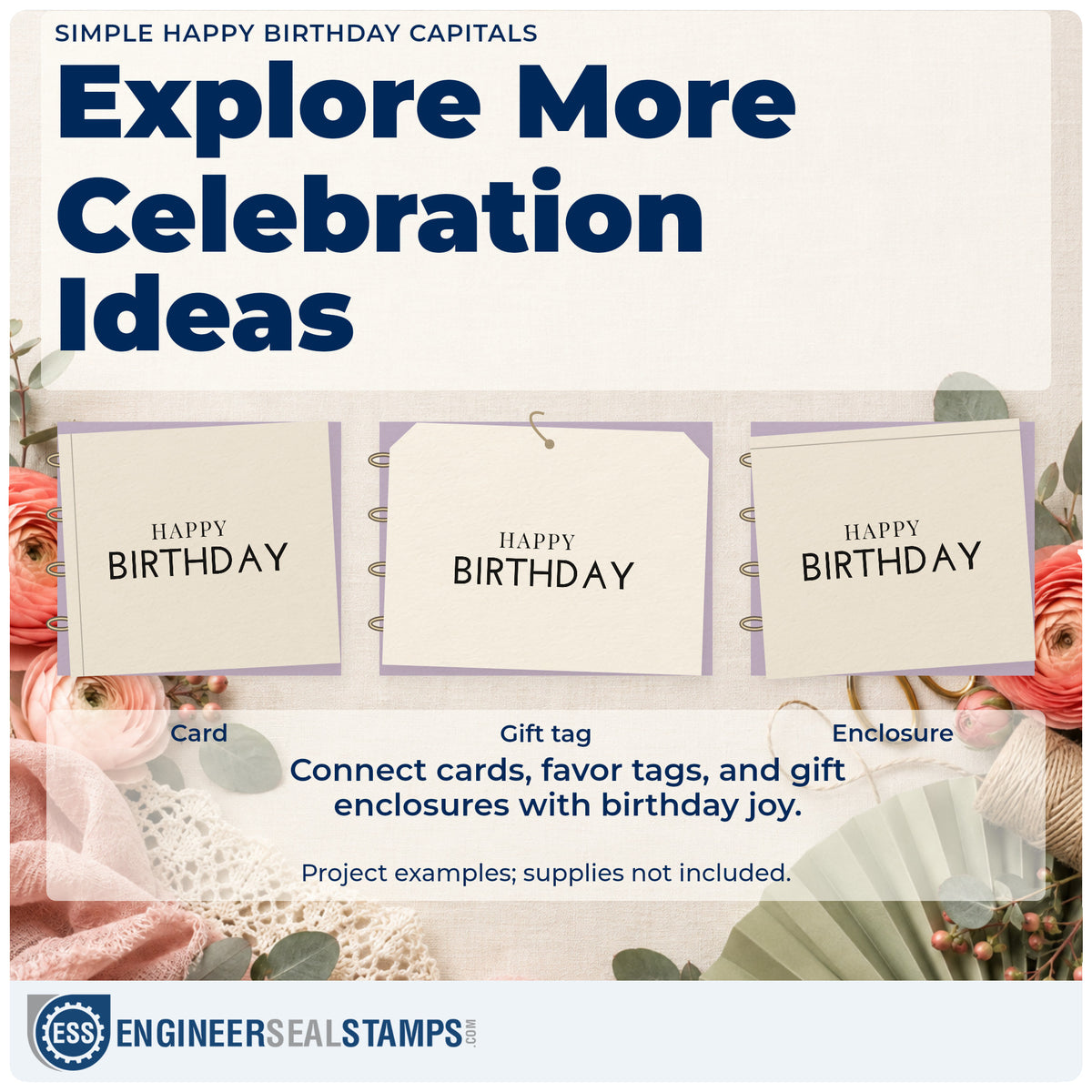 Three project examples made with the Simple Happy Birthday Capitals Premium Wood-Mounted Stamp – Vintage Pro, including menu plan sheet.