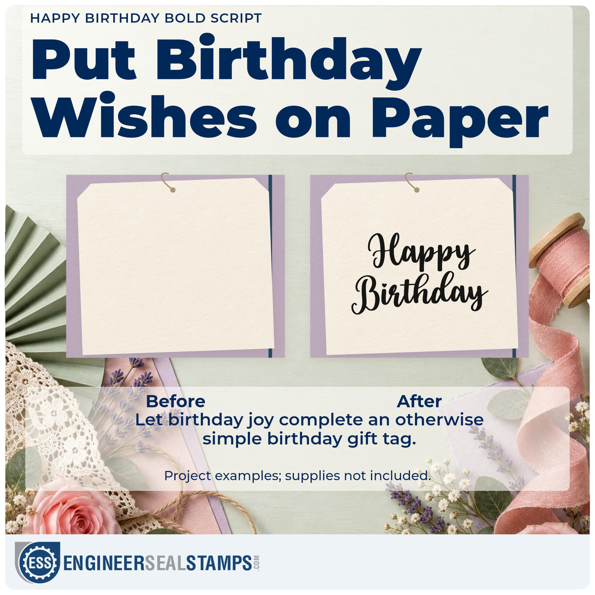 Before and after of a plain item finished with the Happy Birthday Bold Script Lettering Rubber Stamp – Duo Hand, a quick upgrade for framed making desk.