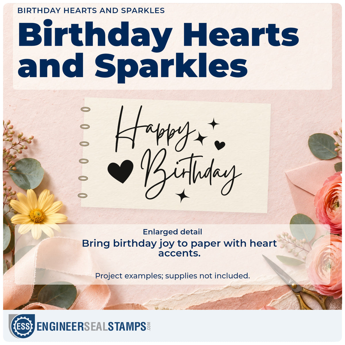 Enlarged detail of the Happy Birthday With Hearts Stamp – Duo Hand imprint. Happy Birthday appears in delicate script surrounded by two hearts and several sparkles.