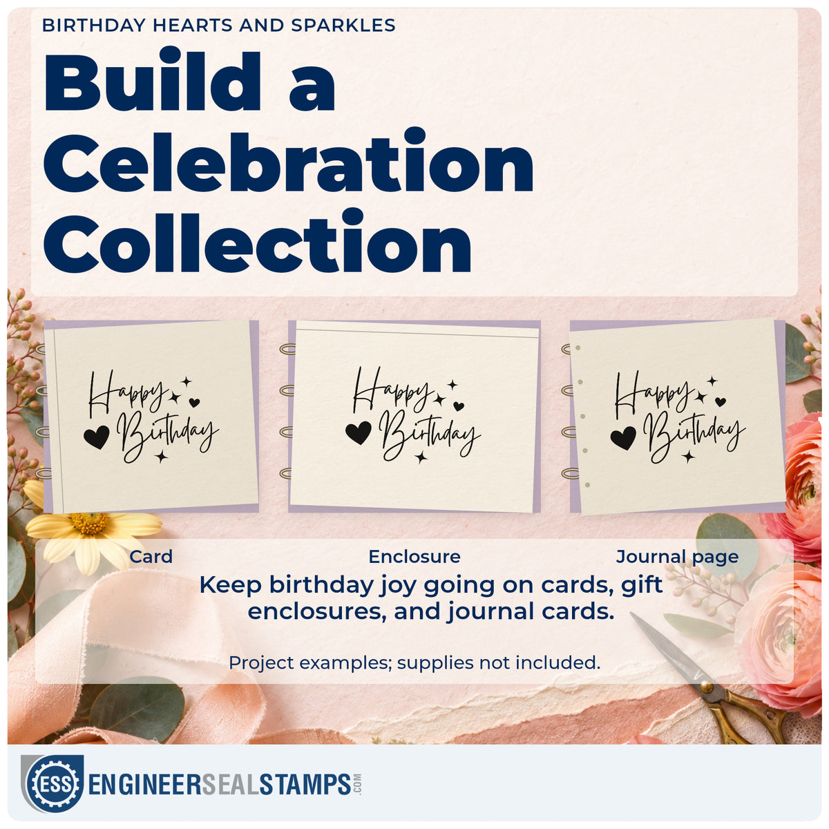 Three project examples made with the Happy Birthday With Hearts Stamp – Duo Hand, including treatment plan sheet.