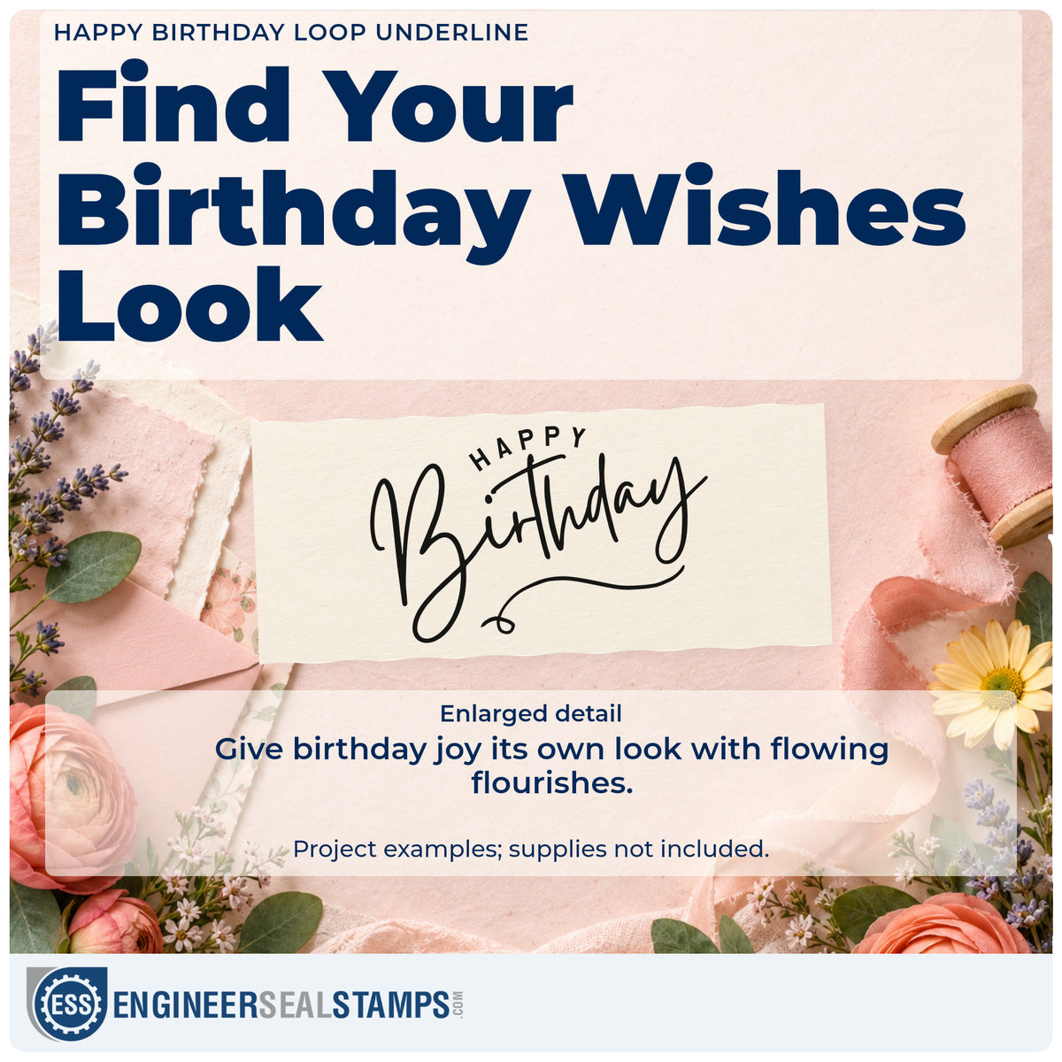 Enlarged detail of the Happy Birthday Loop Underline Arch Premium Wooden Stamp – Vintage Pro imprint. Small arched HAPPY sits above a sweeping Birthday script with a long curled underline.